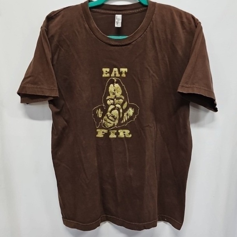 American Apparel Eat Fir Graphic T-Shirt Brown Gold Glitter Mens Medium USA Made